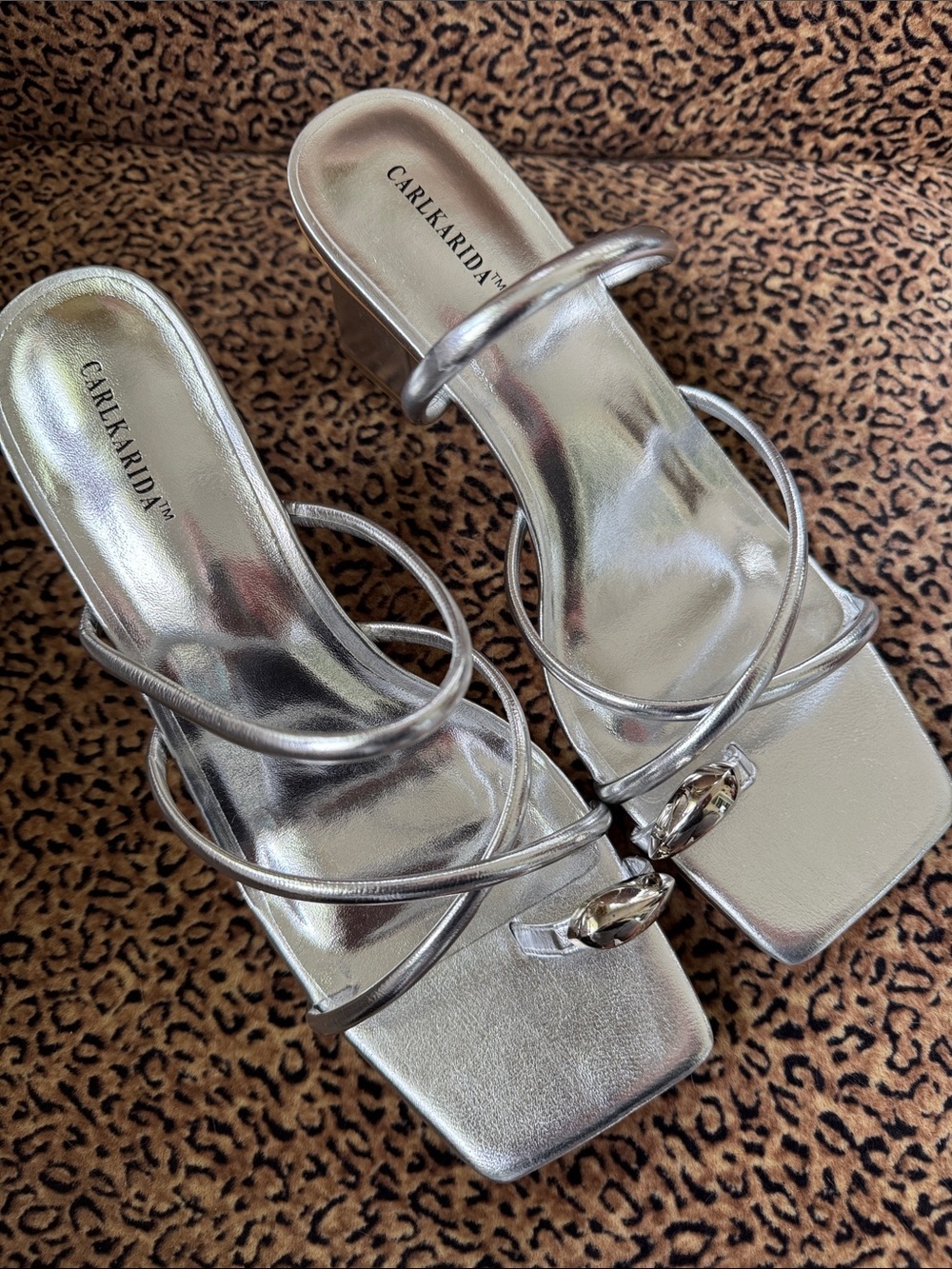 Silver Strappy Square-Toe Heeled Sandals Carlkarida NEW 11 block heel